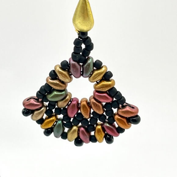 Hand Crafted Hand Stitched Czech Glass Beaded Fan Shape Pierced Drop Earrings - Picture 4 of 6